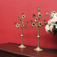 Load image into Gallery viewer, Antique French Brass Candlestick Holders with Lily Motif and Fretwork Base. B12309
