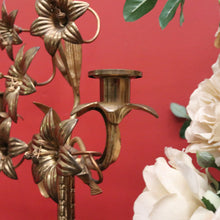 Load image into Gallery viewer, Antique French Brass Candlestick Holders with Lily Motif and Fretwork Base. B12309
