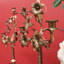 Load image into Gallery viewer, Antique French Brass Candlestick Holders with Lily Motif and Fretwork Base. B12309
