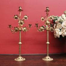 Load image into Gallery viewer, Antique French Brass Candlestick Holders with Lily Motif and Fretwork Base. B12309
