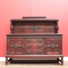 Load image into Gallery viewer, x SOLD Antique English mahogany sideboard with drawers cupboards and iron hardware. B12936
