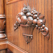 Load image into Gallery viewer, French antique oak display cabinet with carved detail and glass shelves. B12935
