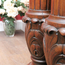 Load image into Gallery viewer, French antique oak display cabinet with carved detail and glass shelves. B12935
