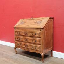 Load image into Gallery viewer, x SOLD Antique French oak writing bureau with carved detail and drop front. B12768
