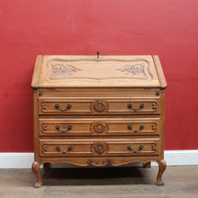 Load image into Gallery viewer, x SOLD Antique French oak writing bureau with carved detail and drop front. B12768
