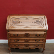 Load image into Gallery viewer, x SOLD Antique French oak writing bureau with carved detail and drop front. B12768
