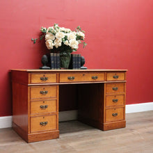Load image into Gallery viewer, x SOLD Antique English Oak and Leather Twin Pedestal Office Desk with Nine Drawers and Brass Handles. B12073
