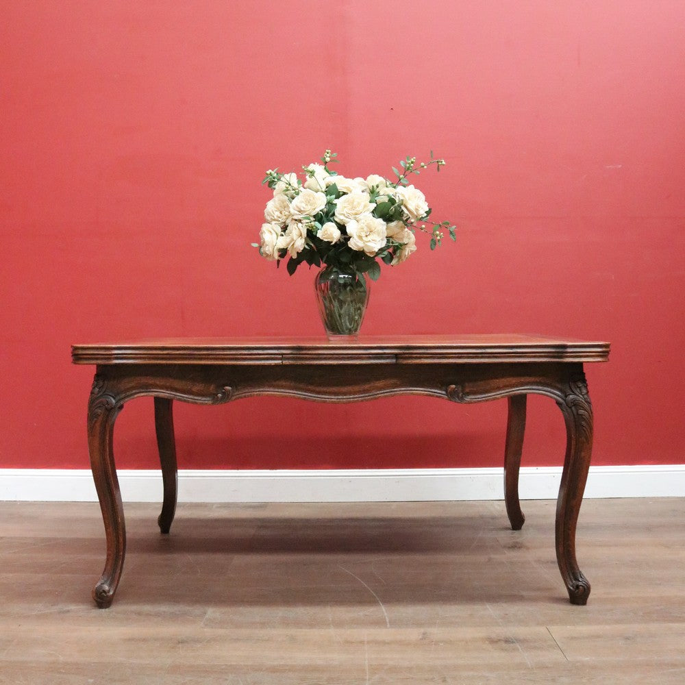 Antique French Oak Parquetry Top Dining Table with Extension Leaves & Scroll Feet. B12492
