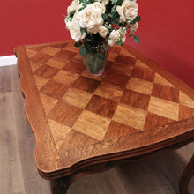 Load image into Gallery viewer, Antique French Oak Parquetry Top Dining Table with Extension Leaves &amp; Scroll Feet. B12492
