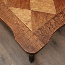 Load image into Gallery viewer, Antique French Oak Parquetry Top Dining Table with Extension Leaves &amp; Scroll Feet. B12492
