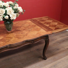 Load image into Gallery viewer, Antique French Oak Parquetry Top Dining Table with Extension Leaves &amp; Scroll Feet. B12492
