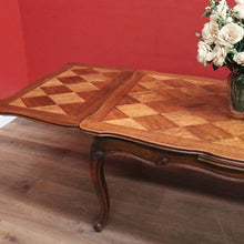 Load image into Gallery viewer, Antique French Oak Parquetry Top Dining Table with Extension Leaves &amp; Scroll Feet. B12492
