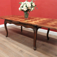 Load image into Gallery viewer, Antique French Oak Parquetry Top Dining Table with Extension Leaves &amp; Scroll Feet. B12492
