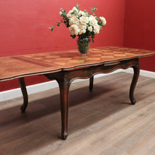 Load image into Gallery viewer, Antique French Oak Parquetry Top Dining Table with Extension Leaves &amp; Scroll Feet. B12492
