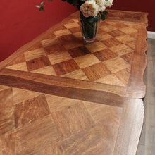 Load image into Gallery viewer, Antique French Oak Parquetry Top Dining Table with Extension Leaves &amp; Scroll Feet. B12492
