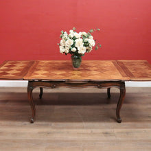 Load image into Gallery viewer, Antique French Oak Parquetry Top Dining Table with Extension Leaves &amp; Scroll Feet. B12492
