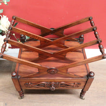 Load image into Gallery viewer, Antique English Mahogany Music Canterbury – X-Frame Dividers, Drawer &amp; Brass Castors. B12539
