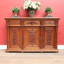 Load image into Gallery viewer, Antique French Walnut Three Door Sideboard Carved Detail Brass Escutcheons. B12926
