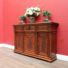 Load image into Gallery viewer, Antique French Walnut Three Door Sideboard Carved Detail Brass Escutcheons. B12926
