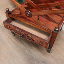 Load image into Gallery viewer, Antique English Mahogany Music Canterbury – X-Frame Dividers, Drawer &amp; Brass Castors. B12539

