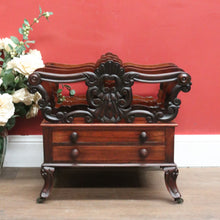 Load image into Gallery viewer, Antique English Rosewood Music Canterbury – Carved Detail, Drawers &amp; Castors. B12533
