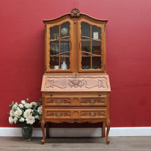 Load image into Gallery viewer, Antique French Oak Bureau Bookcase Drop Front Desk Glass Doors. B12777
