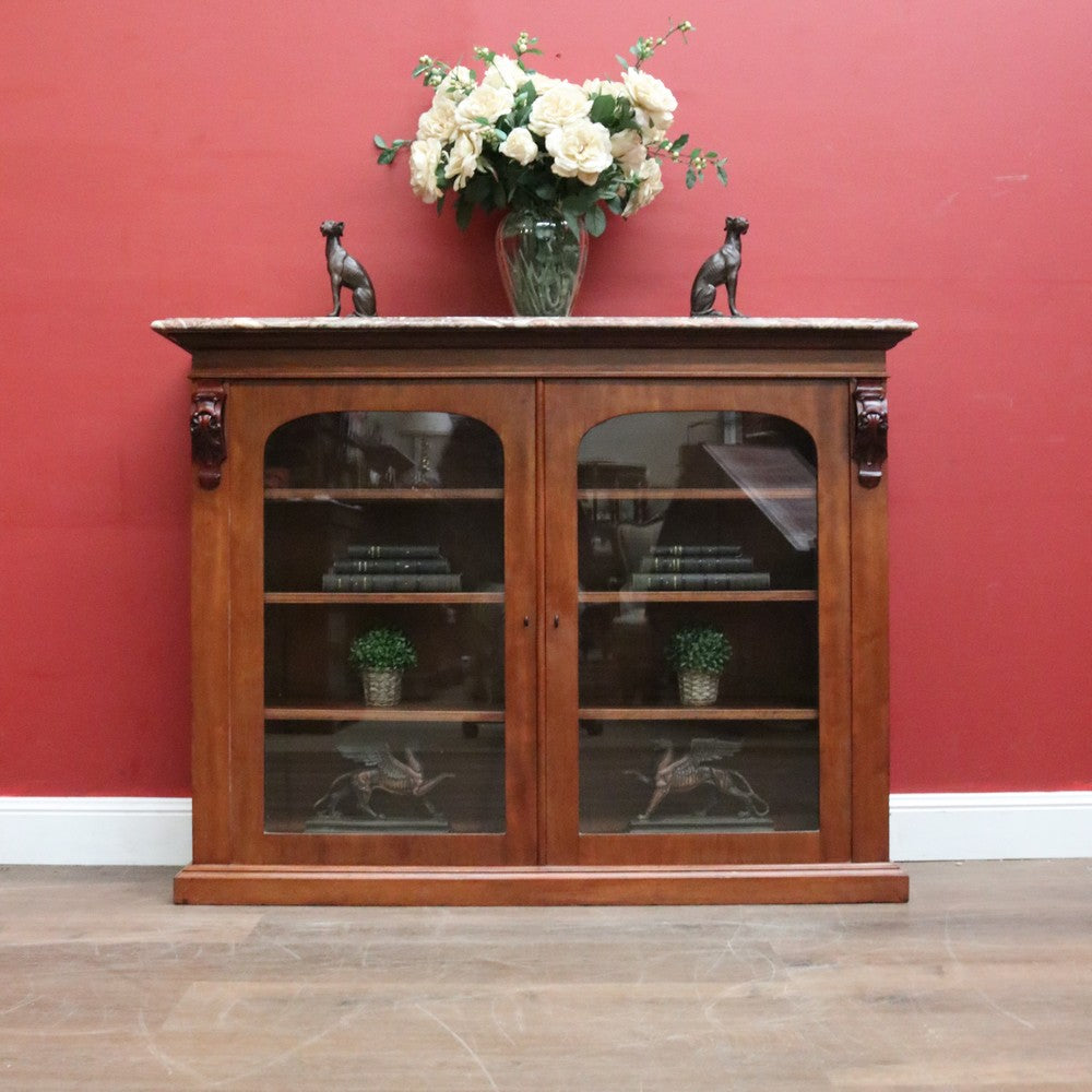 Antique English Marble-Top Bookcase or China Cabinet – Glass Doors, Keys, Shelves. B12532
