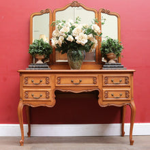 Load image into Gallery viewer, x SOLD Antique French Oak Dressing Table Three Mirrors Five Drawers Scroll Feet. B12815
