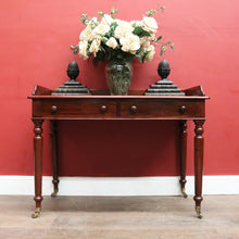 Load image into Gallery viewer, x SOLD Antique English Mahogany Two-Drawer Table – Gallery Back &amp; Brass Castors. B12552
