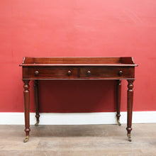 Load image into Gallery viewer, x SOLD Antique English Mahogany Two-Drawer Table – Gallery Back &amp; Brass Castors. B12552
