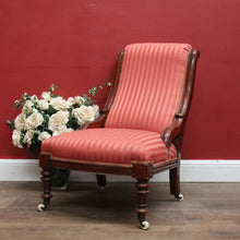 Load image into Gallery viewer, Antique Australian Cedar Grandmother Chair with Coral Striped Upholstery. B12561
