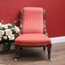 Load image into Gallery viewer, Antique Australian Cedar Grandmother Chair with Coral Striped Upholstery. B12561
