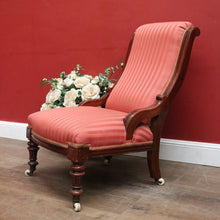 Load image into Gallery viewer, Antique Australian Cedar Grandmother Chair with Coral Striped Upholstery. B12561
