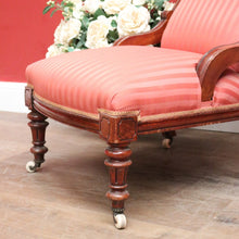 Load image into Gallery viewer, Antique Australian Cedar Grandmother Chair with Coral Striped Upholstery. B12561

