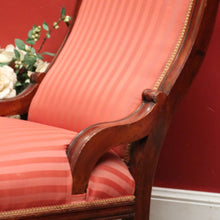 Load image into Gallery viewer, Antique Australian Cedar Grandmother Chair with Coral Striped Upholstery. B12561
