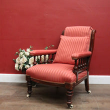 Load image into Gallery viewer, Antique Australian Cedar Grandfather Chair with striped coral-coloured fabric. B12560
