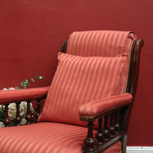 Load image into Gallery viewer, Antique Australian Cedar Grandfather Chair with striped coral-coloured fabric. B12560
