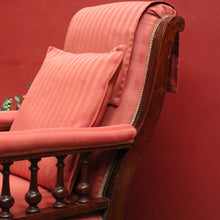 Load image into Gallery viewer, Antique Australian Cedar Grandfather Chair with striped coral-coloured fabric. B12560

