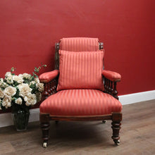 Load image into Gallery viewer, Antique Australian Cedar Grandfather Chair with striped coral-coloured fabric. B12560

