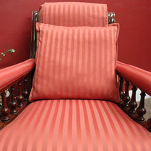 Load image into Gallery viewer, Antique Australian Cedar Grandfather Chair with striped coral-coloured fabric. B12560
