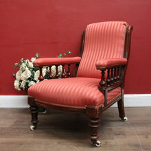 Load image into Gallery viewer, Antique Australian Cedar Grandfather Chair with striped coral-coloured fabric. B12560
