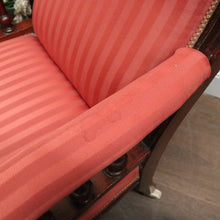 Load image into Gallery viewer, Antique Australian Cedar Grandfather Chair with striped coral-coloured fabric. B12560

