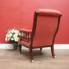 Load image into Gallery viewer, Antique Australian Cedar Grandfather Chair with striped coral-coloured fabric. B12560
