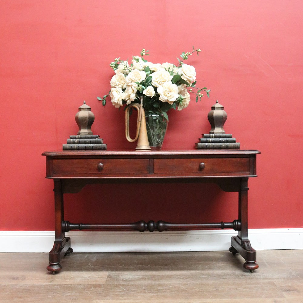 Antique Australian Cedar Hall Table – Two Drawers, Stretcher Base, Bun Feet. B12557