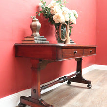 Load image into Gallery viewer, Antique Australian Cedar Hall Table – Two Drawers, Stretcher Base, Bun Feet. B12557
