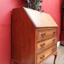 Load image into Gallery viewer, English Oak Writing Bureau Drop Front Desk Carved Detail c1930. B12984
