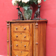 Load image into Gallery viewer, Antique Burr Walnut Hall Cabinet Faux Drawers Columns Bun Feet. B12974
