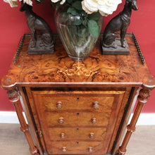 Load image into Gallery viewer, Antique Burr Walnut Hall Cabinet Faux Drawers Columns Bun Feet. B12974
