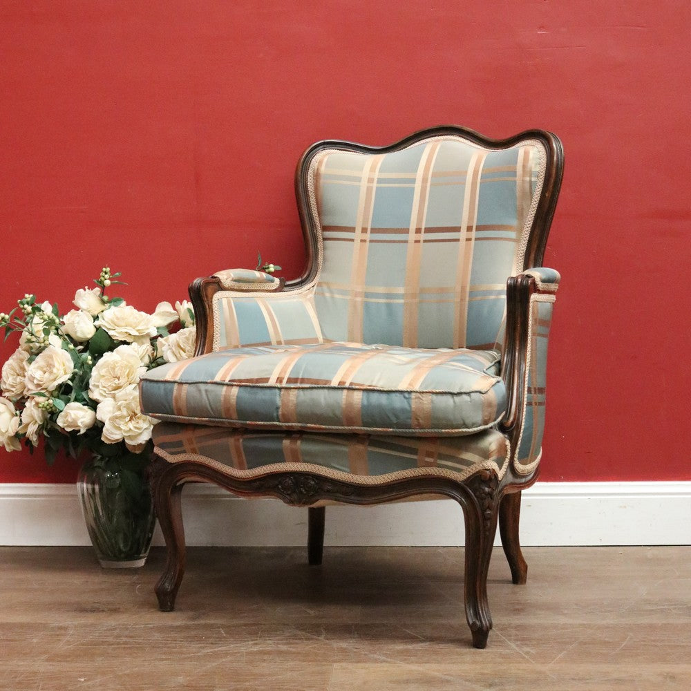 Antique English Mahogany Armchair – Blue Teal Silk, Down Cushion. B12568