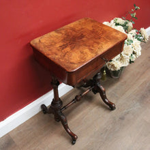 Load image into Gallery viewer, x SOLD Antique English Burr Walnut Sewing Table – Drawer, Work Bag, Key Included. B12574
